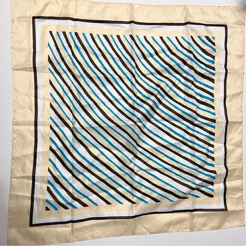 Mod Vintage 1960s Neutrals and Aqua Striped Scarf